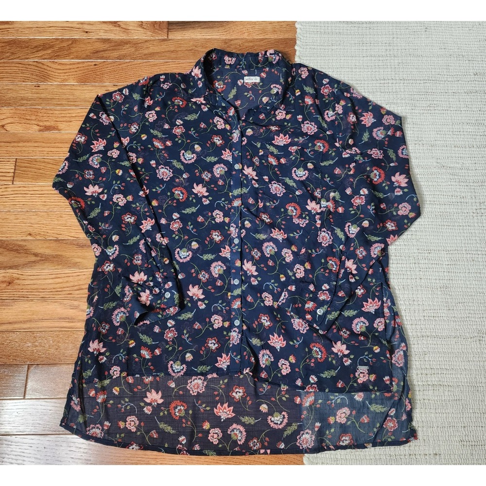 Hollister Sheer Button Up‎ Shirt Blouse Floral Blue Long Sleeve High Low Hem M